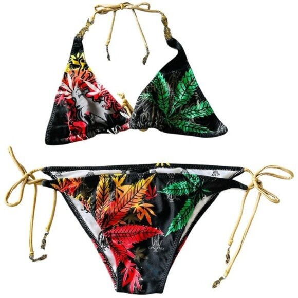 VTG Y2K Christian Audigier 2PC Bikini Sz L Rasta Leaf Print Gold Chain Luxe Swim - Picture 1 of 9